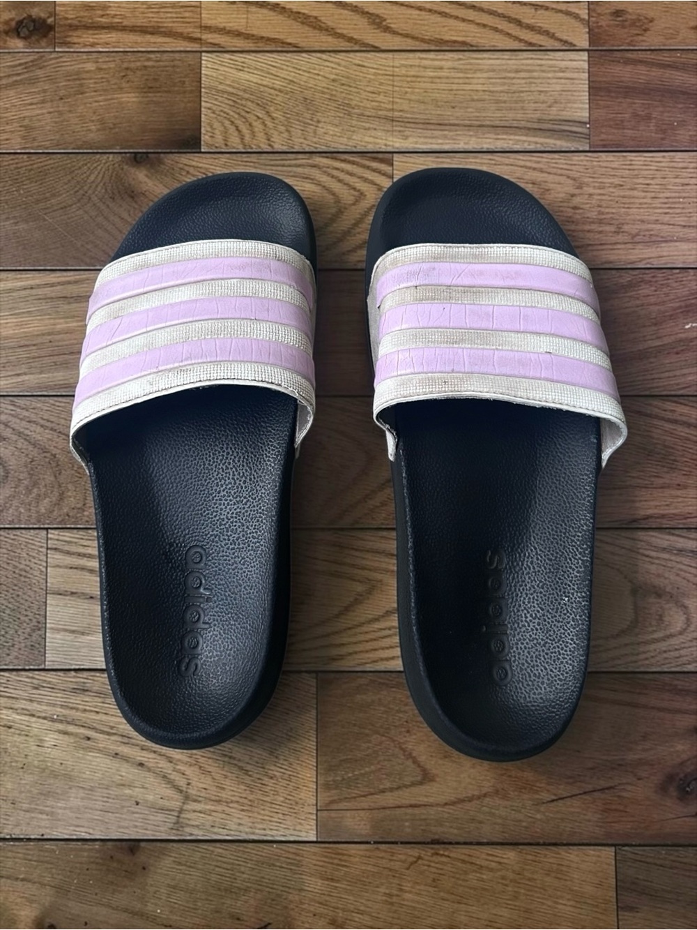 Adidas Adilette Pink White 3-Stripes Slides Size 4